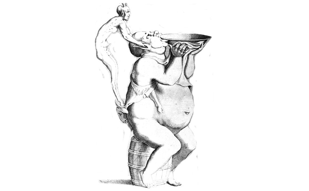 Drawing of a design for a grotesque ewer: a fat satyr wearing a goat skin seated on a barrel and holding a bowl, has his pointed ears pulled by a devil who acts as the handle. Engraving After Rosso Fiorentino (1530–1550).